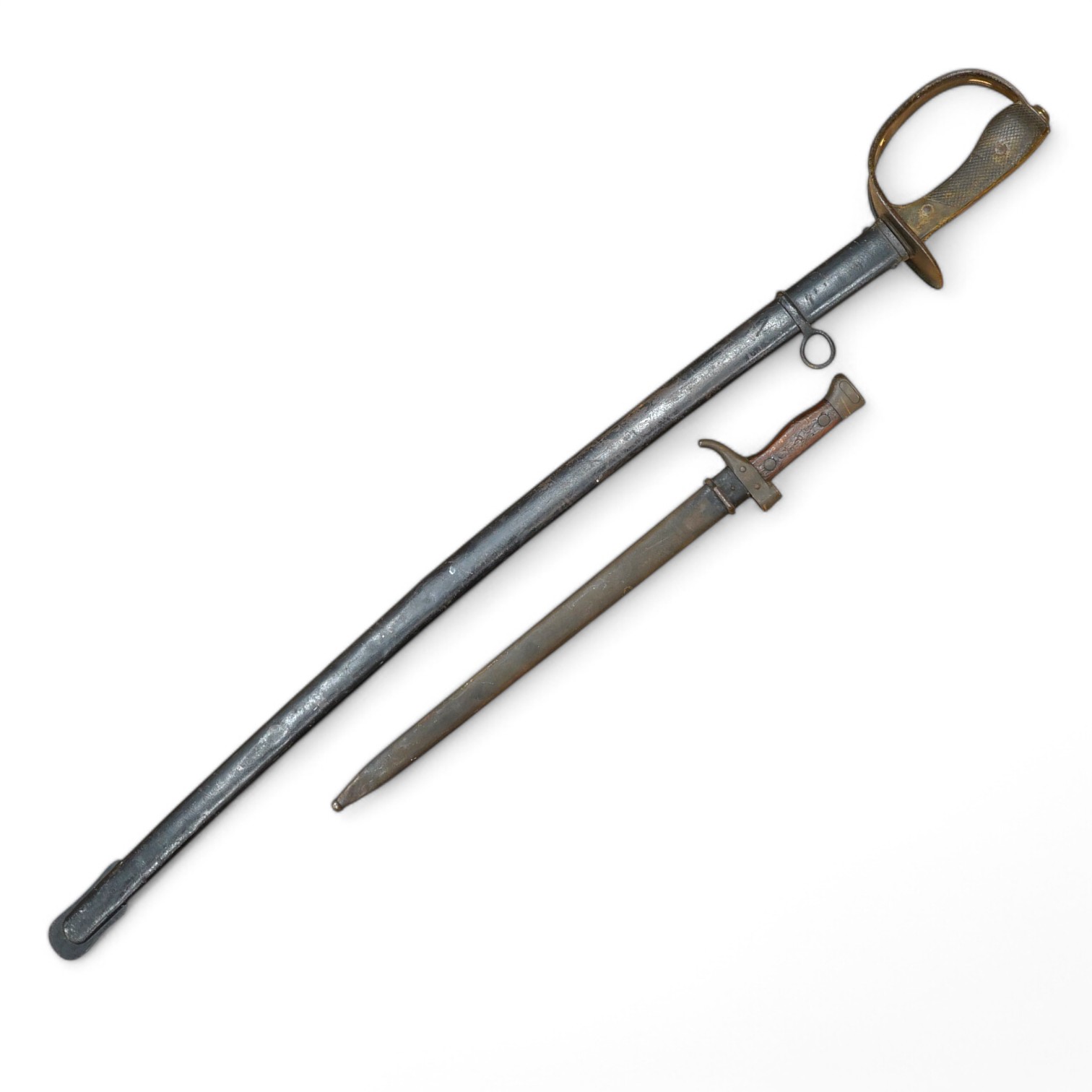 A First World War Turkish army officer’s sword, with pipe back blade, regulation iron guard pierced with crescent and moon, chequered horn grips, in its iron scabbard, together with an unidentified bayonet in its scabbar